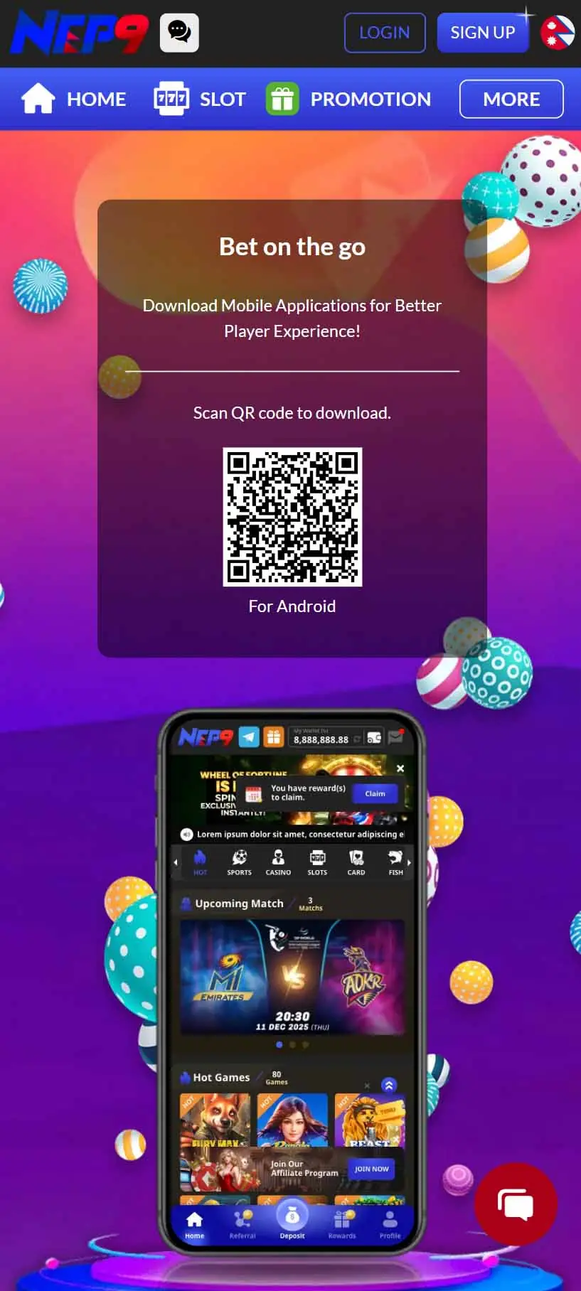 NEP9 mobile app download — Bet on the go with Android APK, scan QR code to install for better player experience in Nepal