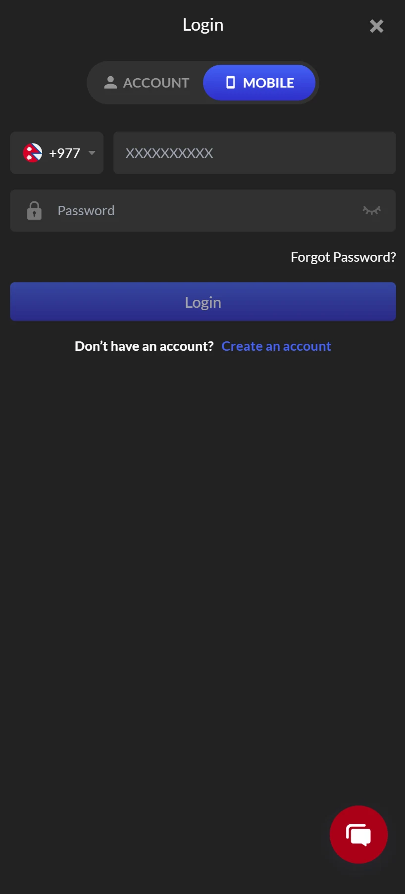 NEP9 login screen — Mobile tab with Nepal +977 country code and phone number entry