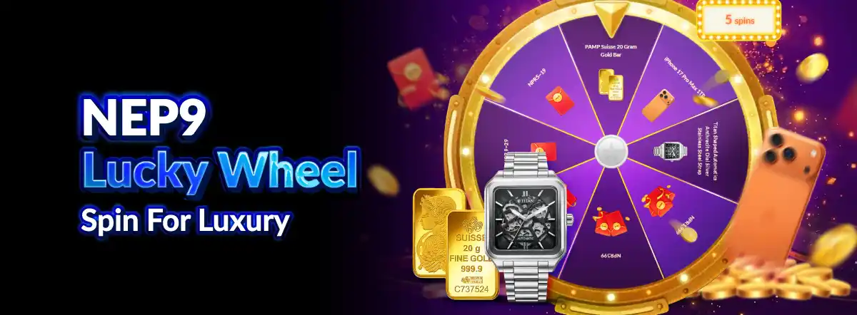 NEP9 Lucky Wheel — spin for luxury prizes including PAMP Suisse 20g gold bar, iPhone 17 Pro Max and Titan watch, plus NPR cash tiers